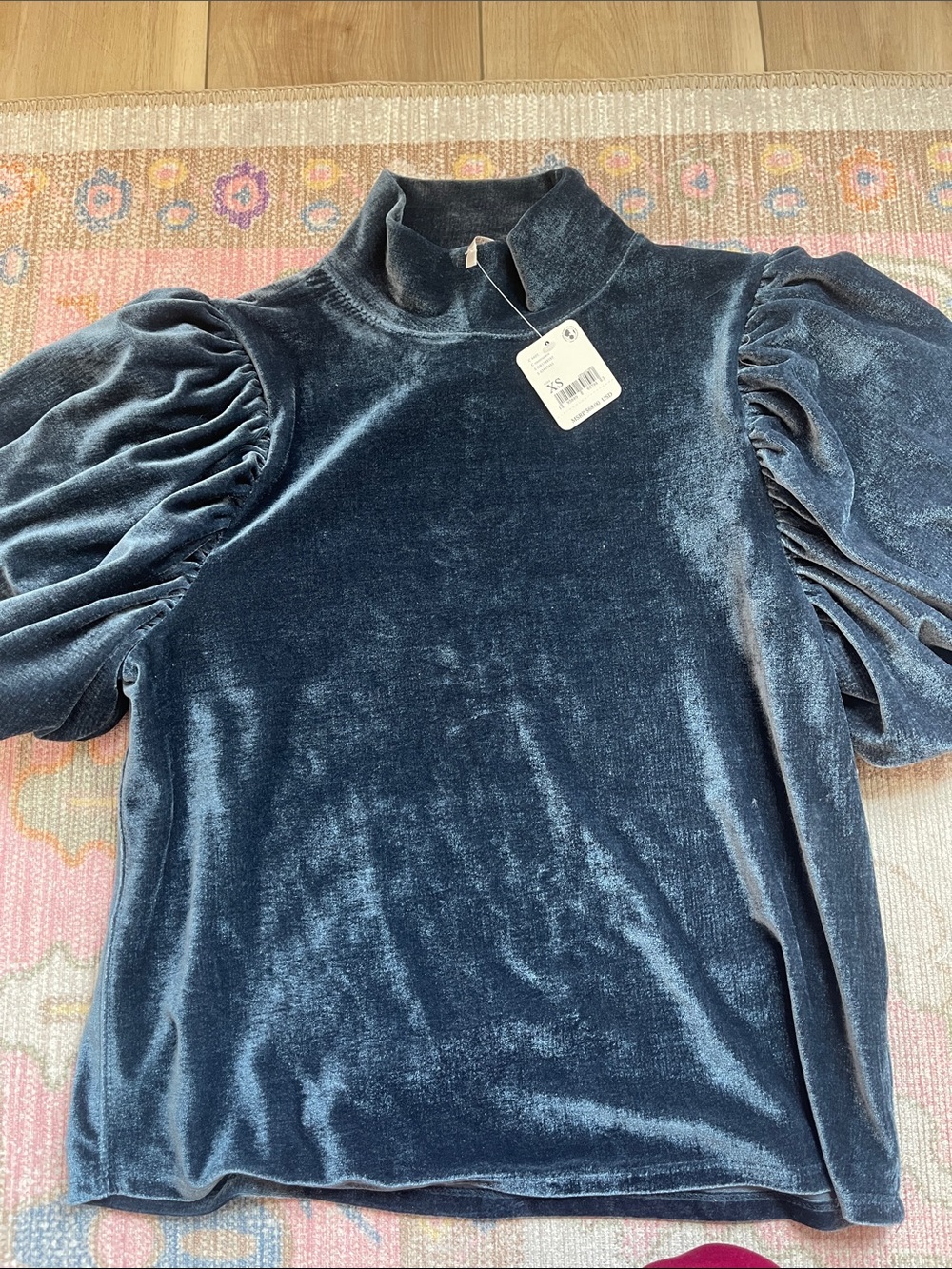 Free People Velvet Puff-Sleeve Mock Neck Top - Slate Blue